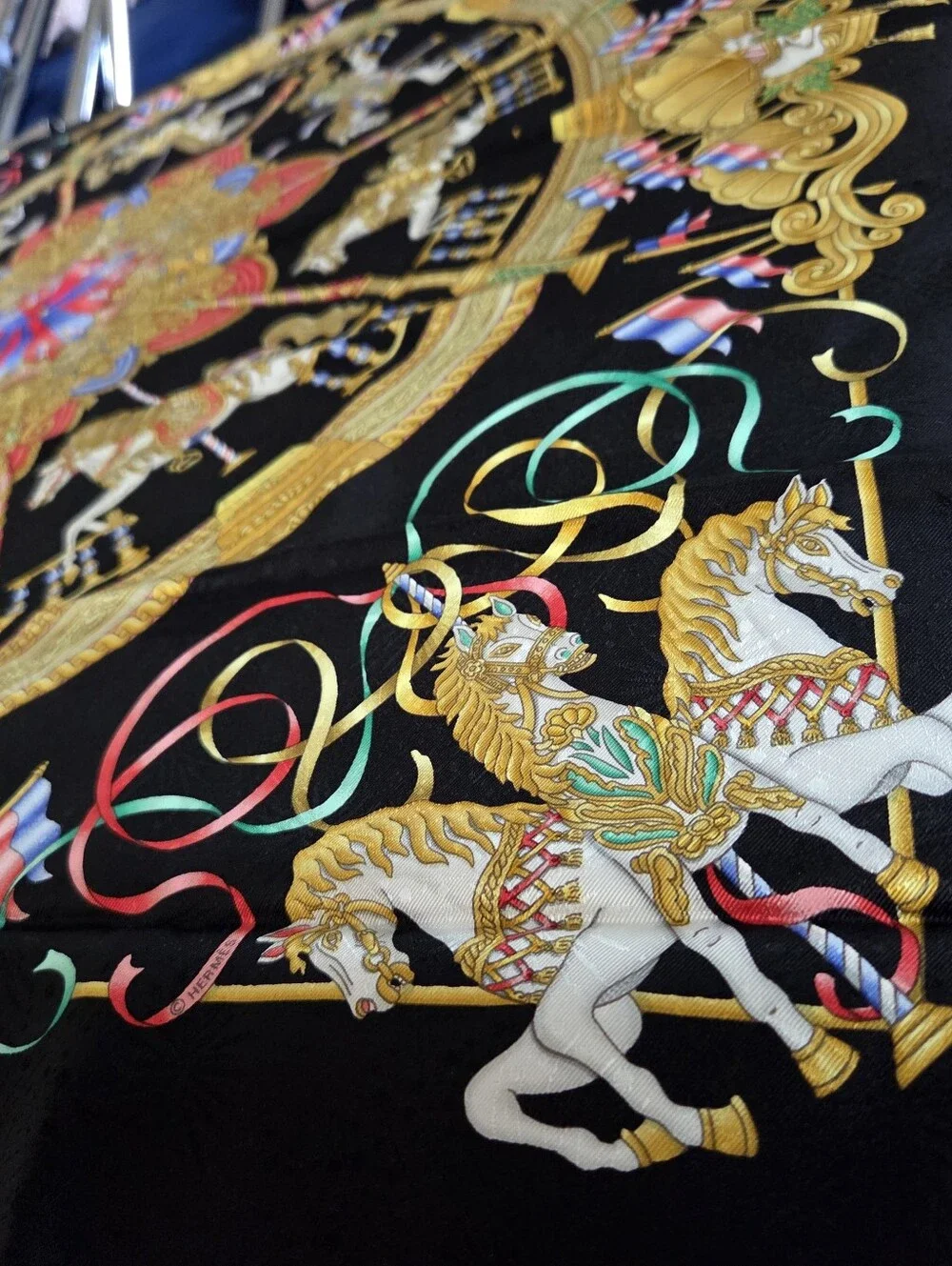 Hermes MINT Luna Park Silk Scarf 90cm/ 35" Black Carousel Horses Gold Pink Blue - Picture 5 of 17